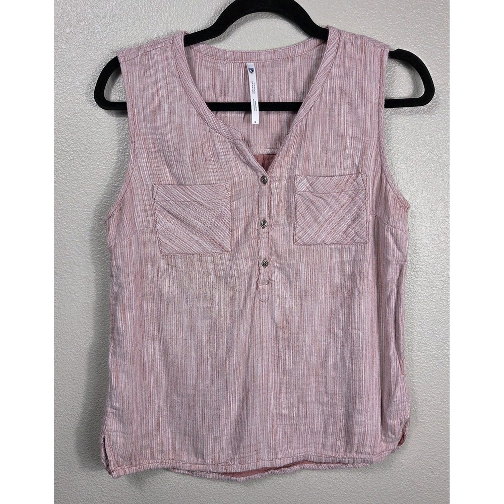 KÜHL Riviera Women's Sleeveless Henley Tank Top Pink White Stripe Size S